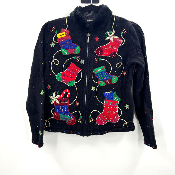 Vintage Embroidered Beaded Stocking Ugly Christmas Sweater Cardigan Medium - Picture 1 of 7